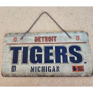 decorative Detroit Tigers themed wall hanging sign featuring a weathered, vinta
